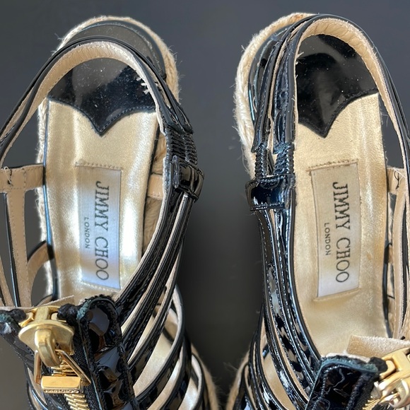 Jimmy Choo Black Patent Leather Zipper Espadrille Wedge Size 39 - Picture 8 of 11